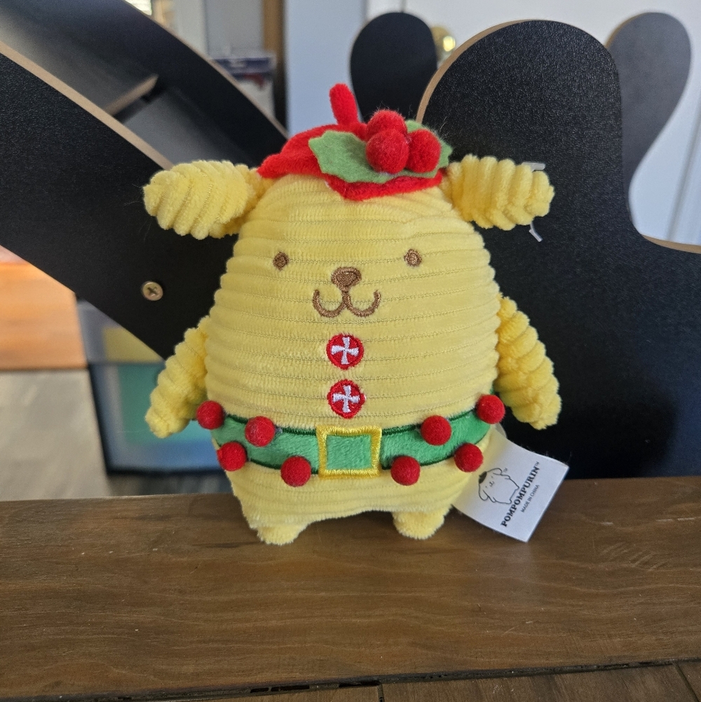 Yellow Sanrio Plush Pompompurin Dog with Holiday Hat